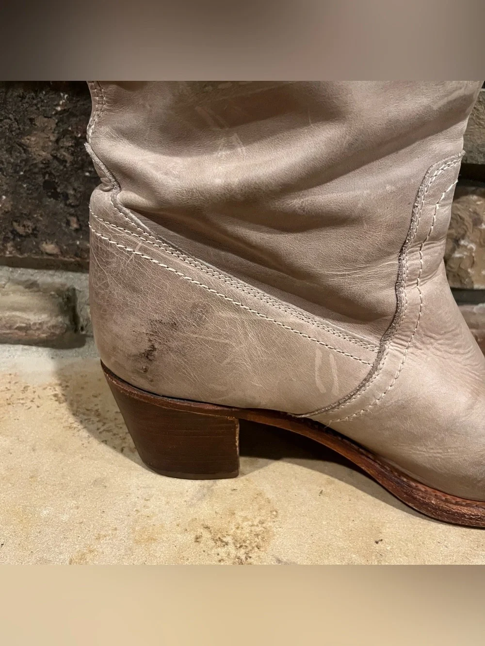 Frye Jane Distressed Fold-Over Cuff Knee Boots in Taupe